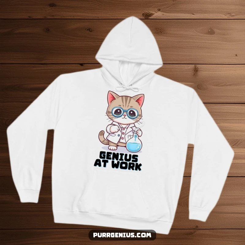 Funny hoodie with a cat character wearing a lab coat, stirring a bubbling beaker, ideal for warmth and science fun.