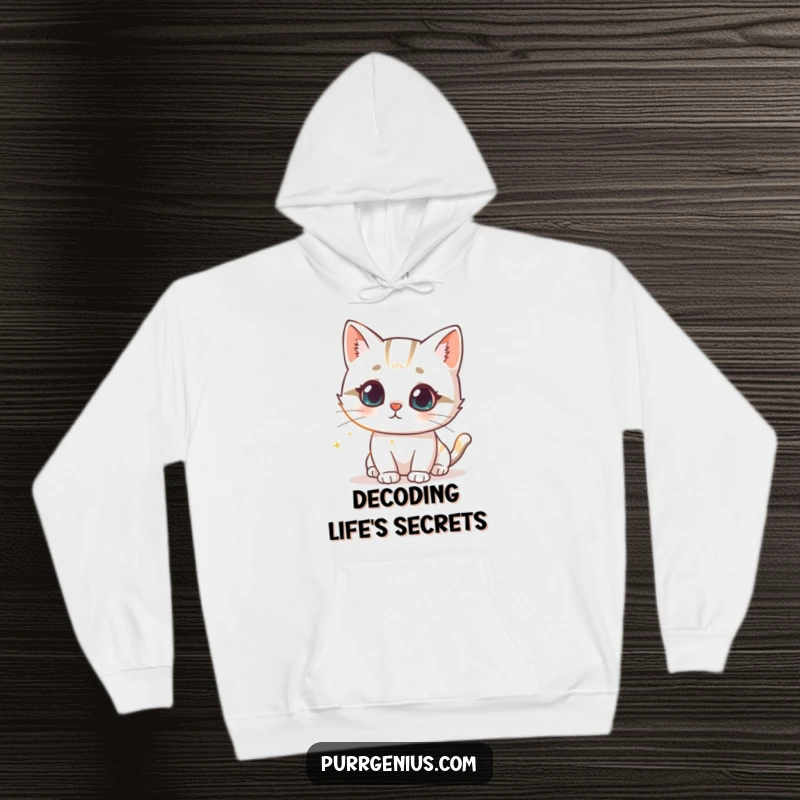 Funny hoodie depicting a cute cat character curiously examining a glowing scientific formula, symbolizing a fascination with scientific principles.
