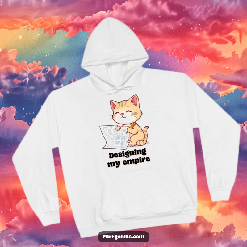 Funny Architect Cat Hoodie: a pleased cat artist drawing a detailed blueprint, offering warmth and creative inspiration, a superb funny gift.