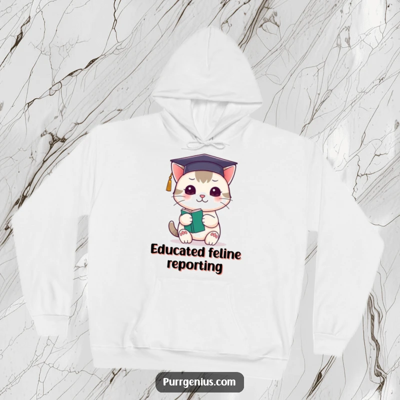 Funny kawaii cat in a graduation cap holding a book, featured on a cozy hoodie, radiating intelligence.