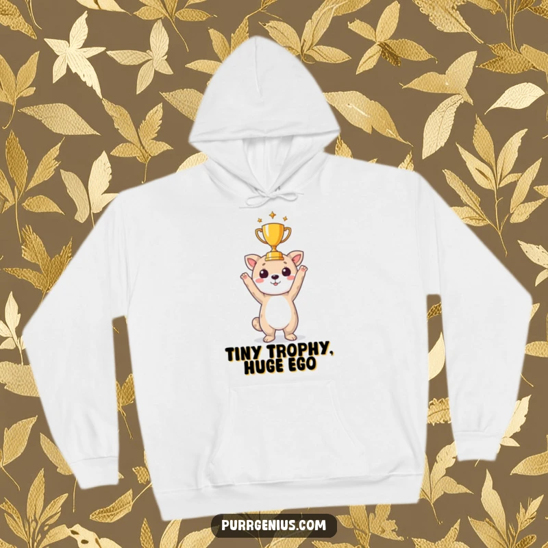 Funny hoodie design of a victorious animal character holding a small trophy, exuding achievement and humor.