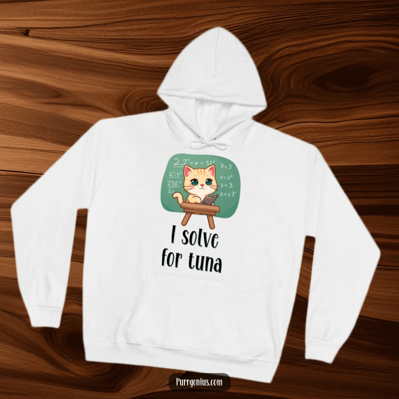 Funny hoodie showing a cat contemplating a complex math equation on a chalkboard, perfect for cozy study sessions.