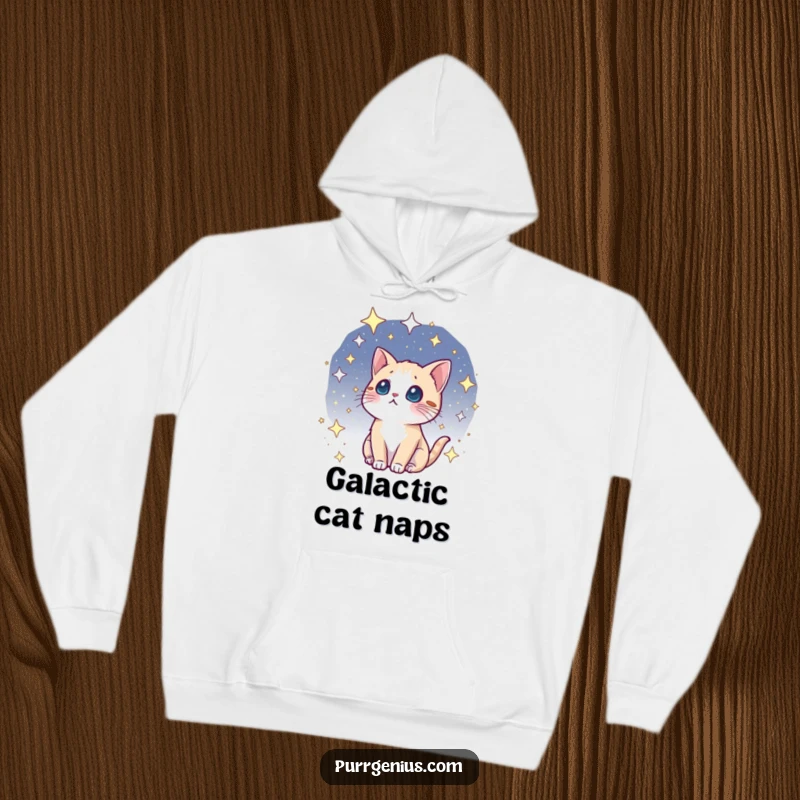 Funny kawaii cat hoodie, gazing with wonder at a starry cosmos, offering warmth and a sense of infinite possibility.