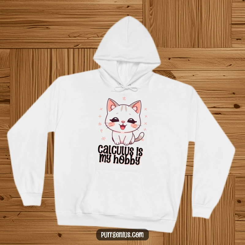 Funny kawaii cat hoodie, delighted expression amidst floating math equations, symbolizing a love for learning and cute cats.