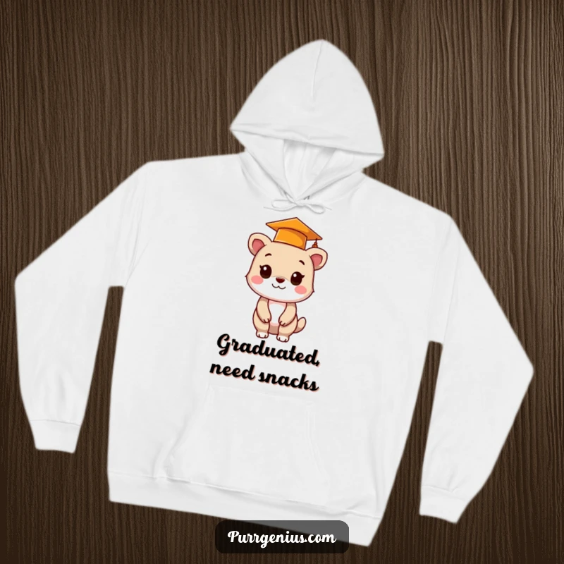 Funny animal hoodie wearing a graduation cap, offering warmth and a humorous celebration of academic accomplishment.
