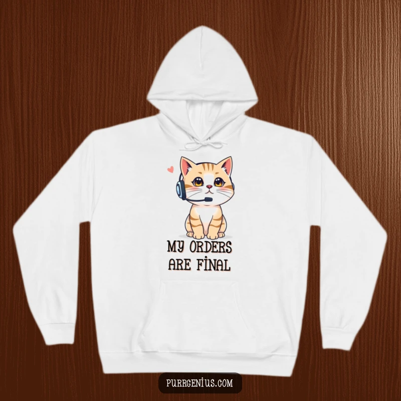 Funny Boss Cat Hoodie: a cat in a headset giving instructions, offering warmth and authoritative humor, a superb funny gift.
