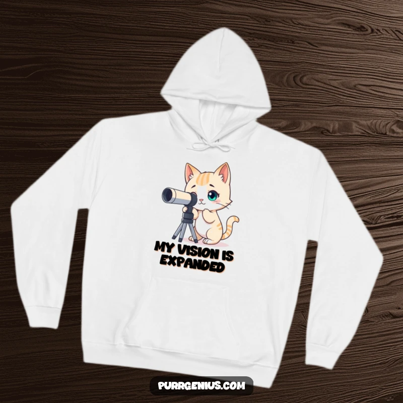 Funny hoodie with a curious cat character peering through a telescope, gazing at the stars, ideal for warmth and adventure.