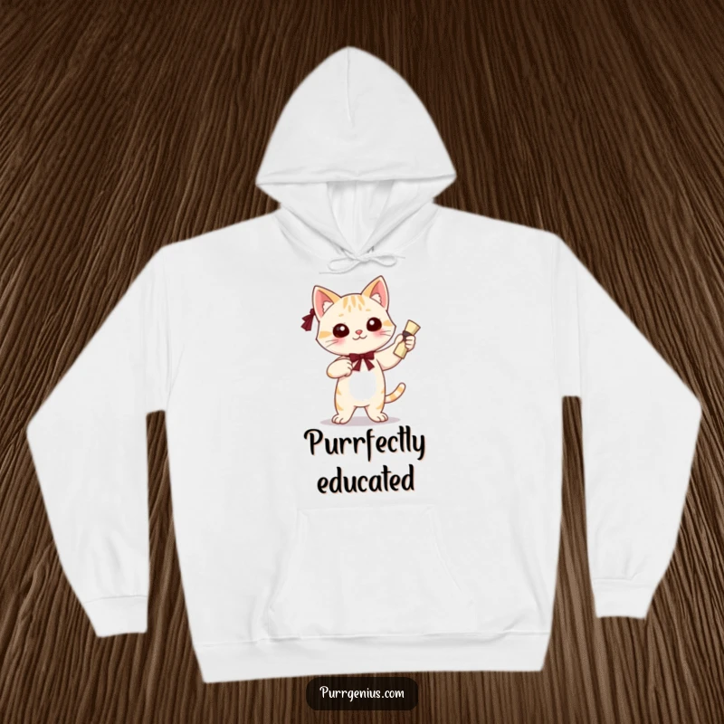Funny hoodie designed with a confident cat character holding a diploma, offering cozy comfort and celebrating graduation.
