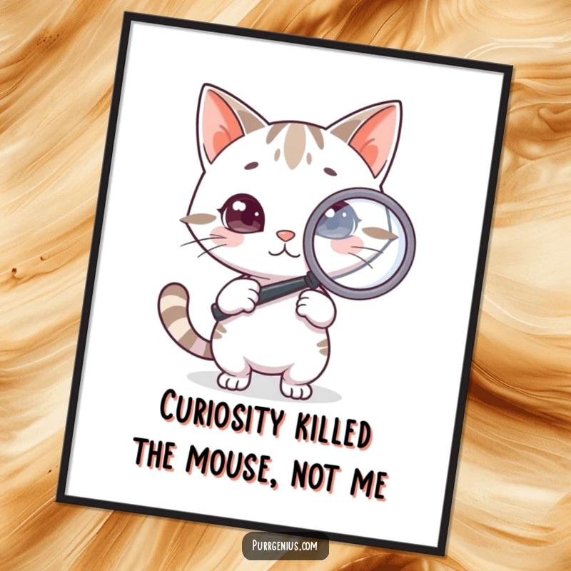 Funny Free Printable Wall Art of a cat character holding a magnifying glass, appearing to be a clever detective in pursuit of clues.