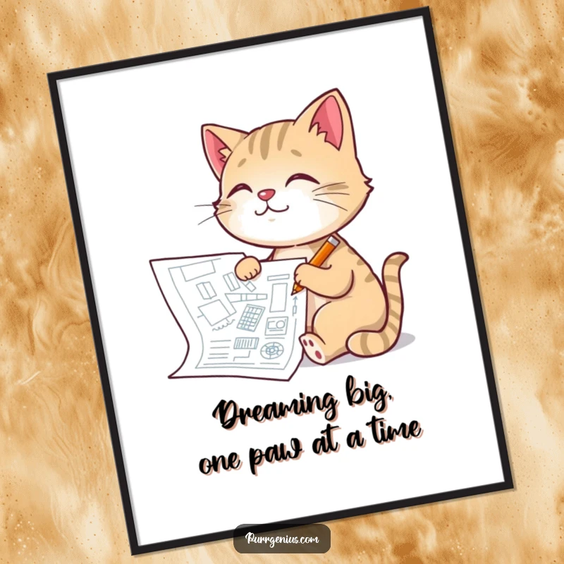 Funny Free Printable Wall Art: A pleased cat artist draws a detailed architectural blueprint with a tiny pencil.