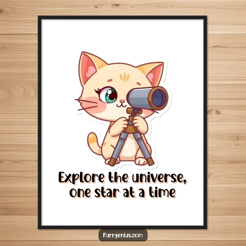 Funny Free Printable Wall Art: Curious cat character peering into a telescope, exploring the vast universe with humor.