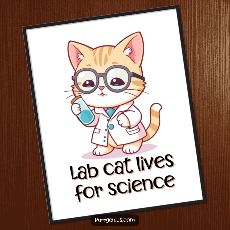 Funny Free Printable Wall Art: A determined cat scientist in a lab coat examines a colorful test tube with glee.