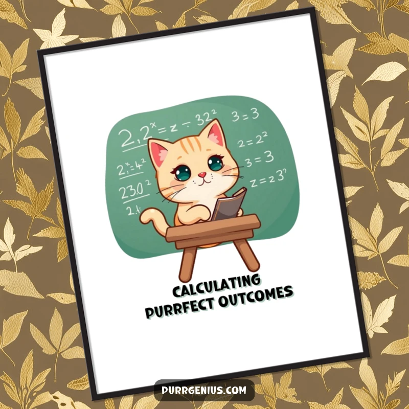 Funny Free Printable Wall Art of a cat thoughtfully studying a complex equation on a chalkboard.