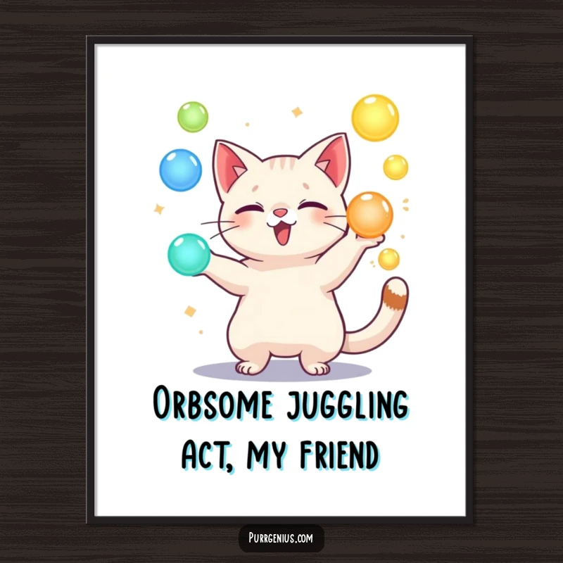Funny Free Printable Wall Art: A playful cat expertly juggles multiple glowing orbs, creating a dazzling and humorous spectacle for decor.