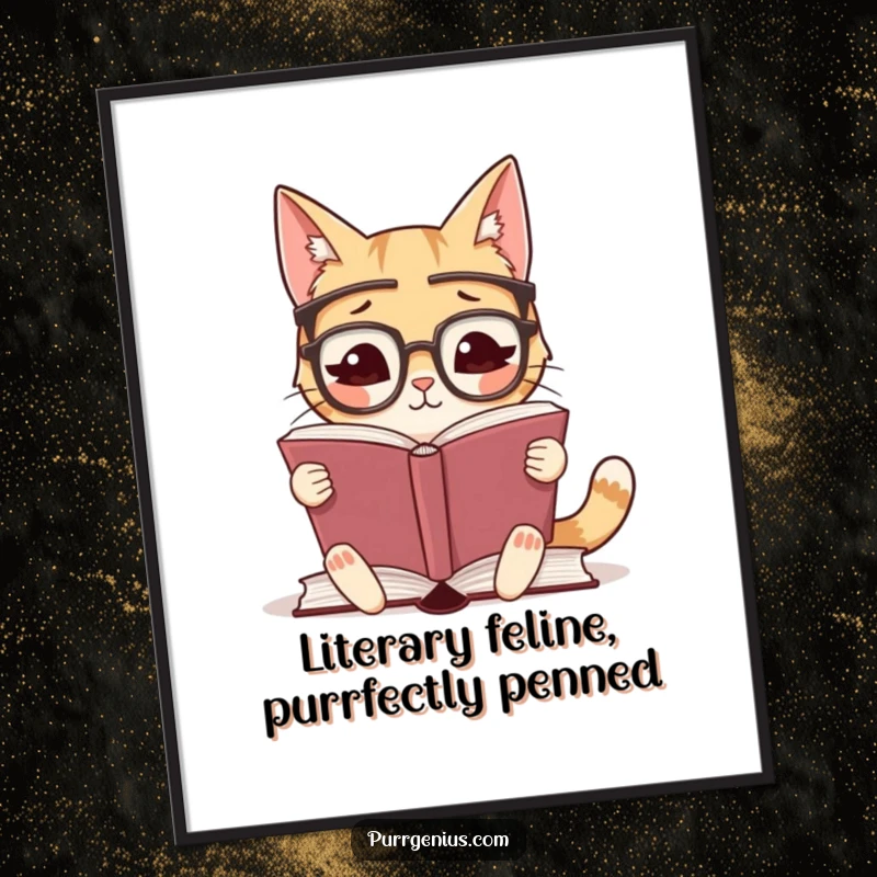 Funny Free Printable Wall Art: A cute cat wearing glasses reads a large book with intense focus, adding humorous intellectual charm to decor.