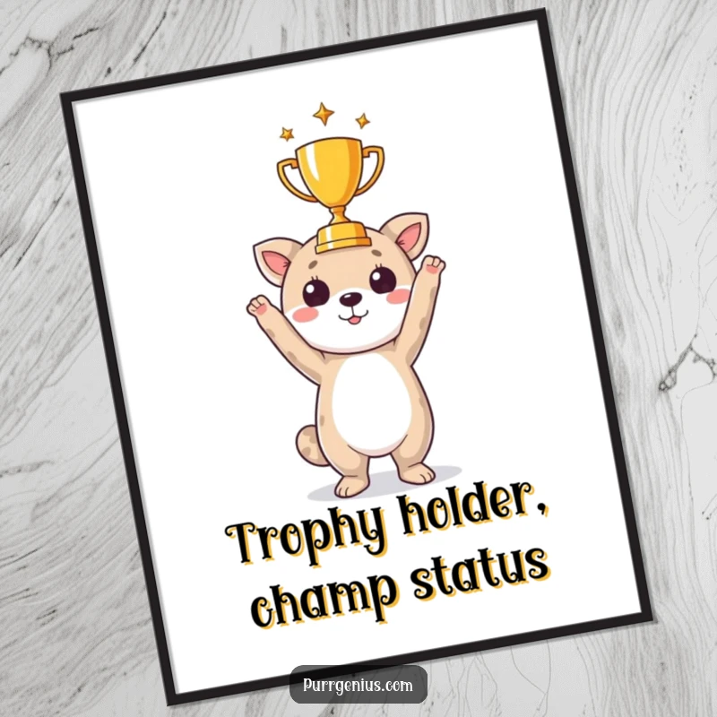 Funny Free Printable Wall Art: A cheerful animal character proudly displays a miniature trophy, radiating accomplishment.