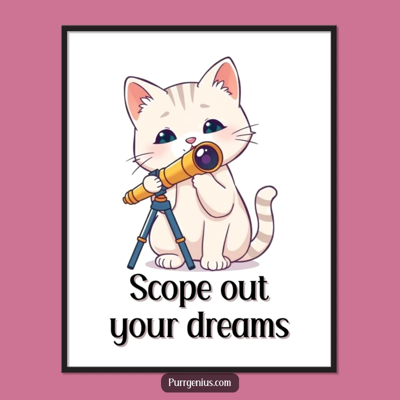 Funny Free Printable Wall Art: Cat with Telescope, Quirky Downloadable Home Decor Gift