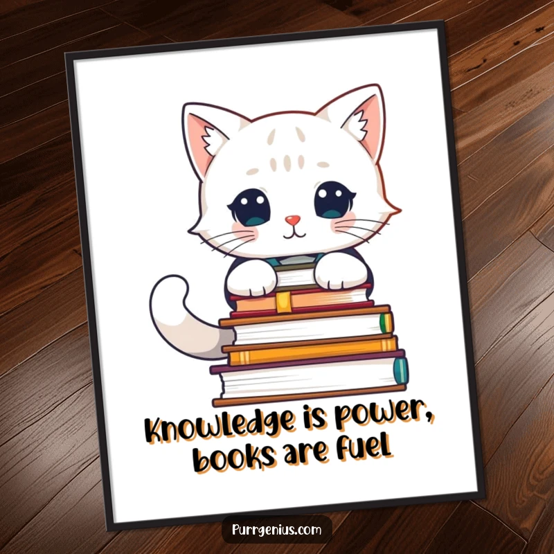 Funny Free Printable Wall Art: Feline scholar character with a pile of advanced books, radiating intelligence and humor.