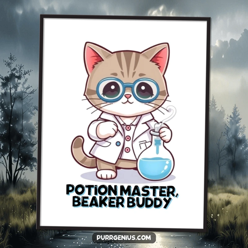 Funny Free Printable Wall Art: A cat wearing a lab coat stirs a bubbling green beaker, creating humorous scientific chaos for decor.