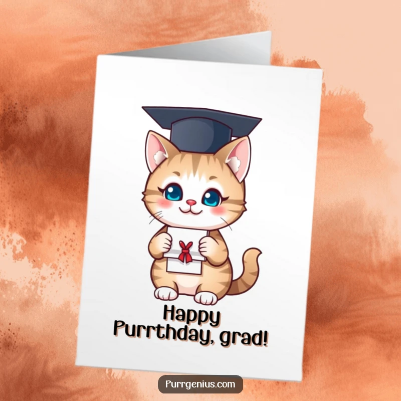 Funny free printable birthday card: a cute cat in a graduation cap holding a diploma, celebrating with a smile.