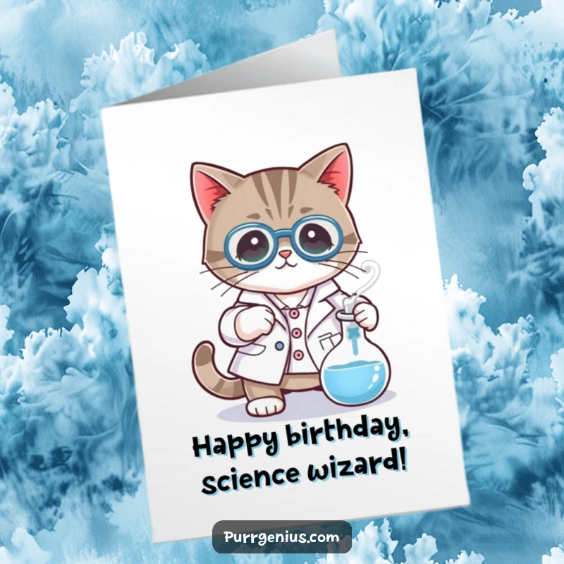Funny Free Printable Birthday Card: A cat in a lab coat stirs a bubbling beaker, creating a humorous birthday potion. Great gift.