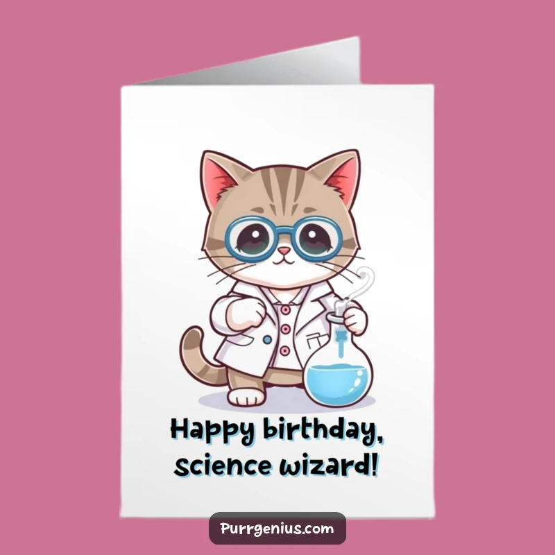 Free Printable Birthday Card: Mad Scientist Cat Lab Funny Downloadable Gift