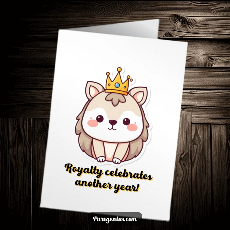 Funny Free Printable Birthday Card: An adorable animal character wearing a small, sparkling crown with a regal, happy expression.