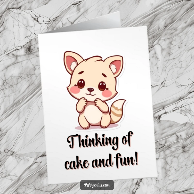 Funny Free Printable Birthday Card: An animal character in a deep thinking pose, chin resting on a paw, looking introspective.