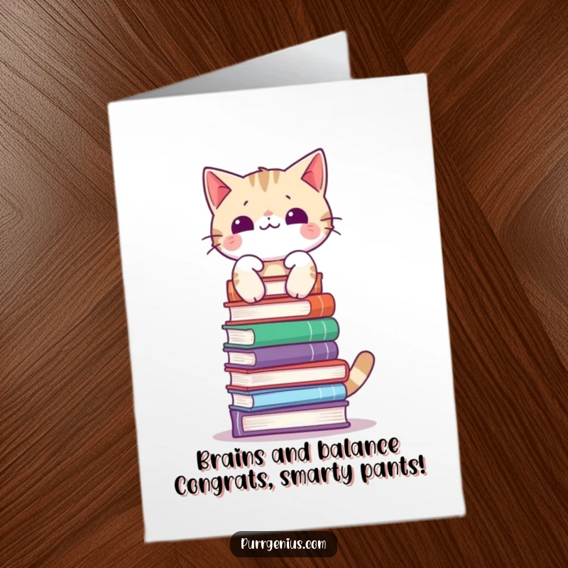 Funny Free Printable Congrats Card: A focused cat perfectly balances a tall stack of assorted books on its head.