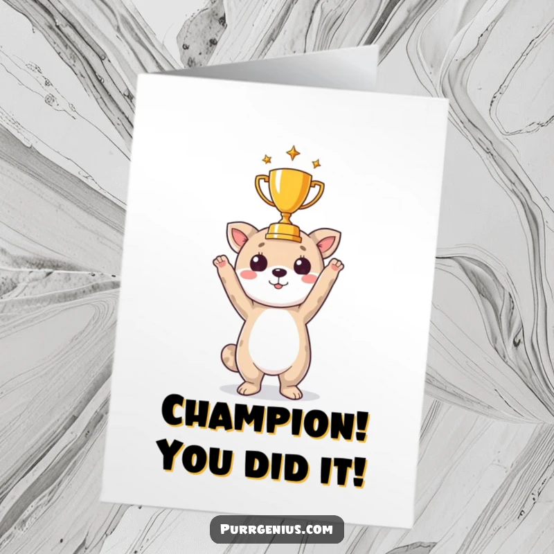 Funny Free Printable Congratulations Card: A happy animal character beams while holding a small trophy aloft in victory.