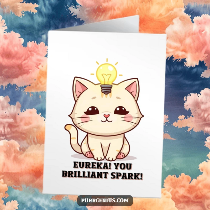 Funny Free Printable Congratulations Card: Cat character with a lightbulb glowing above its head, representing a successful idea.