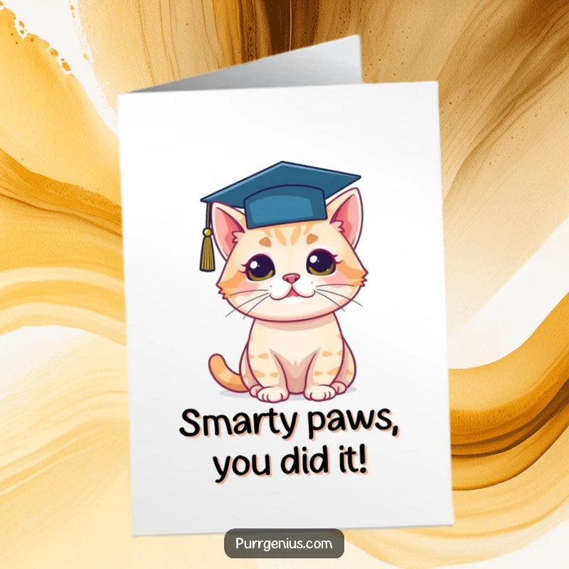 Funny Free Printable Congratulations Card showing a cat adorned with a small graduation cap, ready to celebrate.