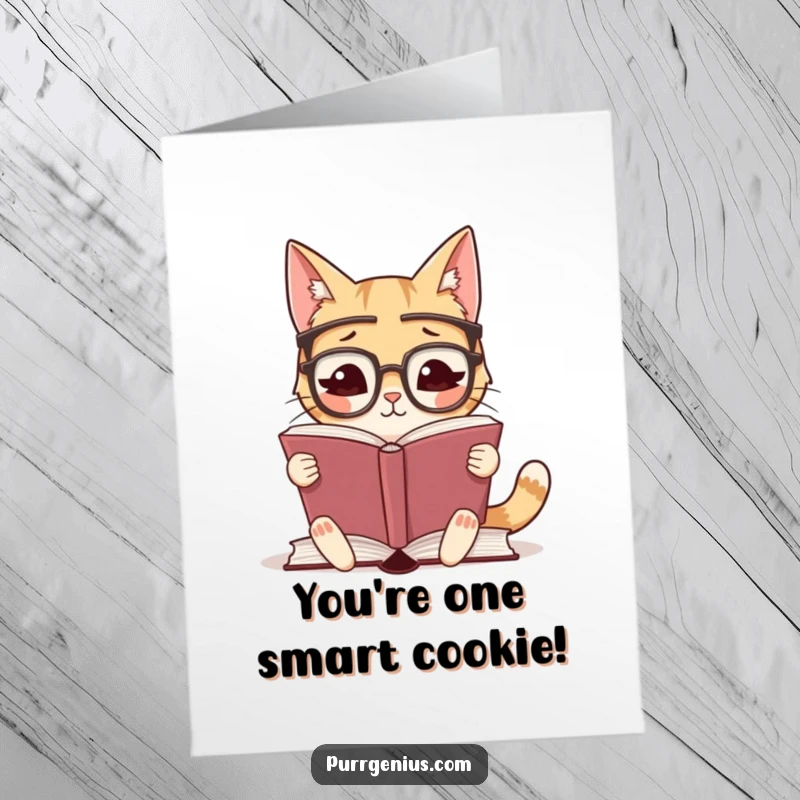 Funny Free Printable Congrats Card: A studious cat wearing glasses reads, signifying achievement with intellectual humor. Great downloadable gift.