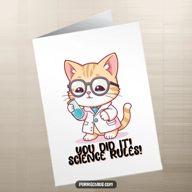 Funny Free Printable Congratulations Card: Cat scientist in lab coat holding a bubbling test tube, celebrating success.