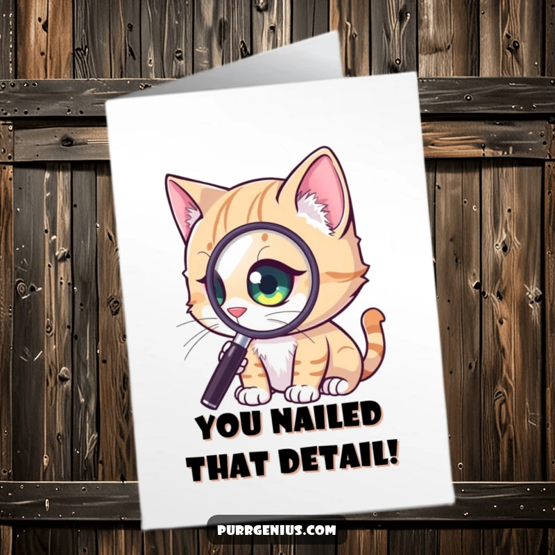 Funny Free Printable Congratulations Card: A cat intensely observes a tiny detail through a giant magnified eye.