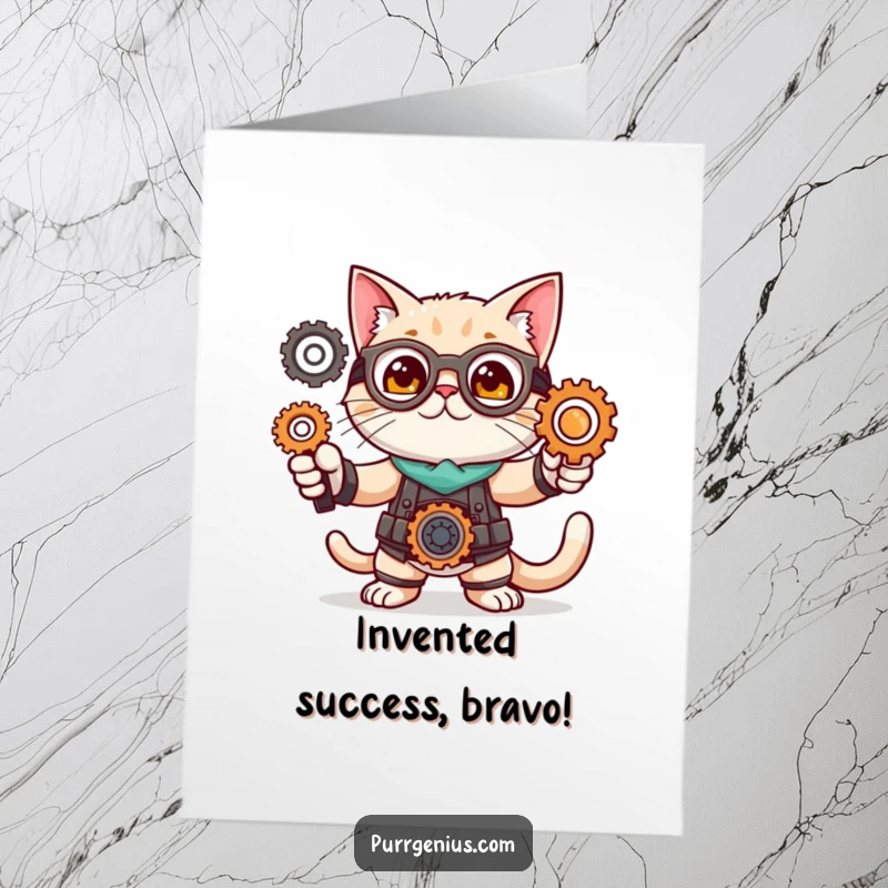 Funny Free Printable Congratulations Card: Cat inventor striking a pose with gears, celebrating a successful invention.