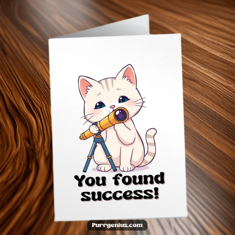 Free Printable Congratulations Card: A humorous cat gazes through a tiny telescope, celebrating a great achievement.