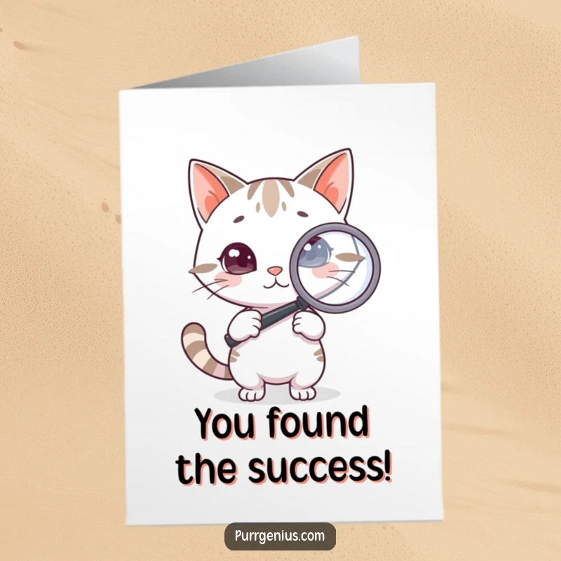 Funny Free Printable Congratulations Card with a cat character holding a magnifying glass, appearing to investigate with sharp focus.