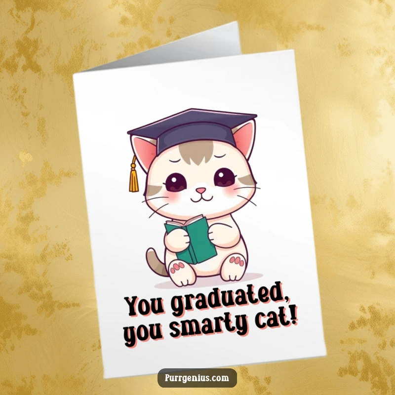 Funny Free Printable Congratulations Card: A cute Kawaii cat wears a graduation cap and holds a book, celebrating success.