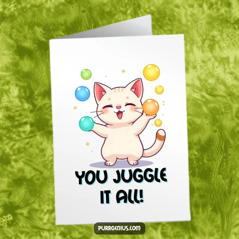 Funny Free Printable Congrats Card: A playful cat skillfully juggles glowing orbs, representing success with a humorous, magical flair. Downloadable gift.