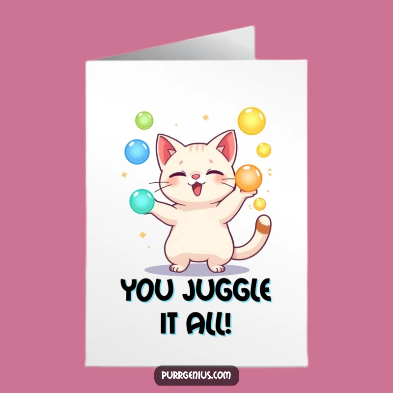 Free Printable Congrats Card: Juggling Cat Orbs Funny Downloadable Gift