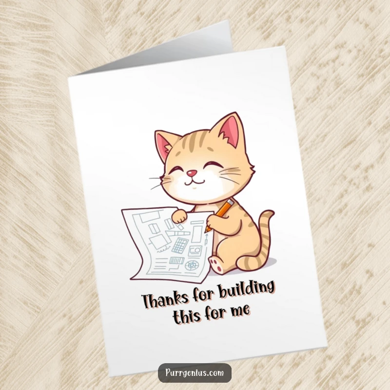 Funny Free Printable Thank You Card: A pleased cat draws a detailed blueprint, thanking you for your input.