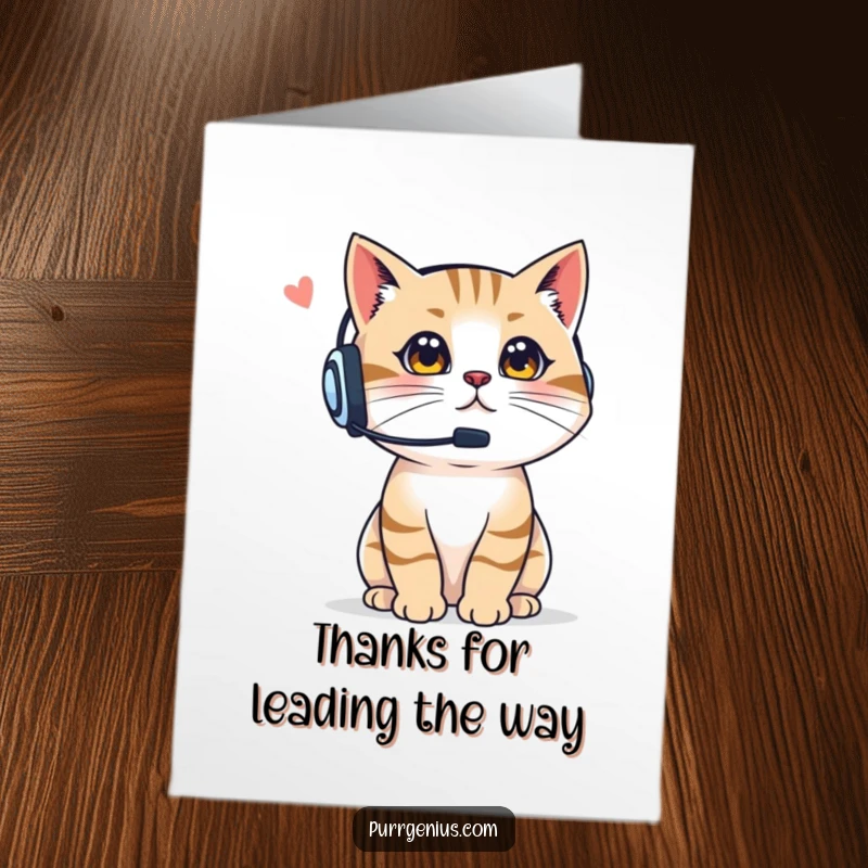 Funny Free Printable Thank You Card: A cat wearing a headset confidently meows thanks and instructions.
