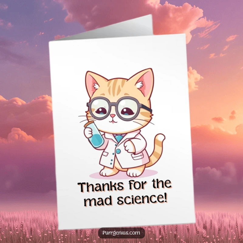 Funny Free Printable Thank You Card: Cat scientist in lab coat presenting a thank you note with a test tube.