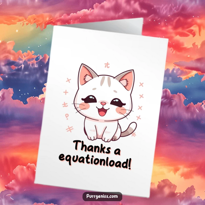 Funny free printable thank you card featuring a kawaii cat surrounded by equations, expressing heartfelt gratitude with playful mathematical charm.