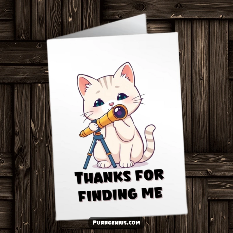 Free Printable Thank You Card: A funny cat with a tiny telescope looking appreciative, a unique way to say thanks.
