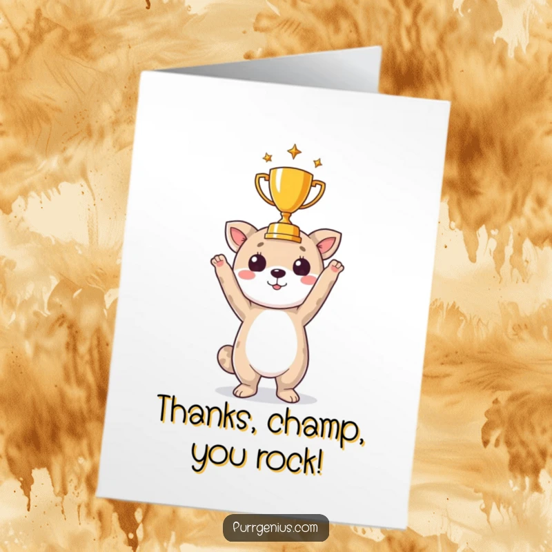 Funny Free Printable Thank You Card: An animal character joyfully holding a tiny trophy, symbolizing heartfelt thanks.