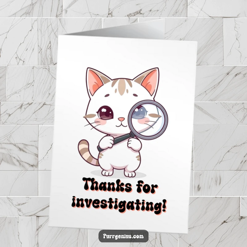 Funny Free Printable Thank You Card depicting a curious cat holding a magnifying glass, examining something with great interest.