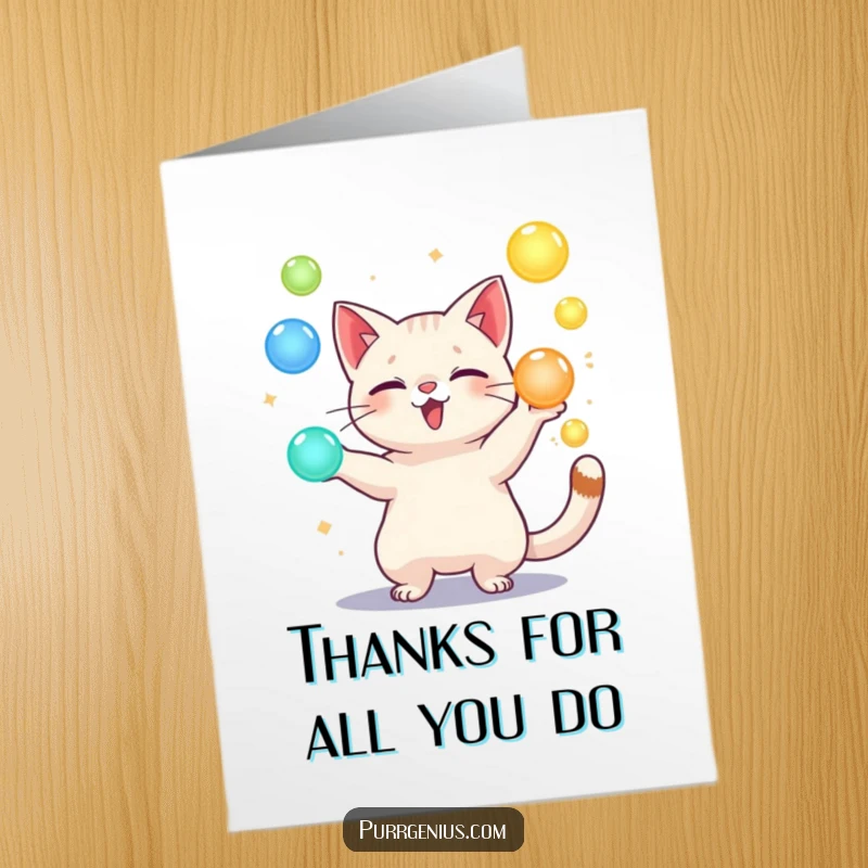 Funny Free Printable Thank You Card: A playful cat juggles glowing orbs, expressing thanks with a humorous, skillful, and magical touch. Perfect gift.