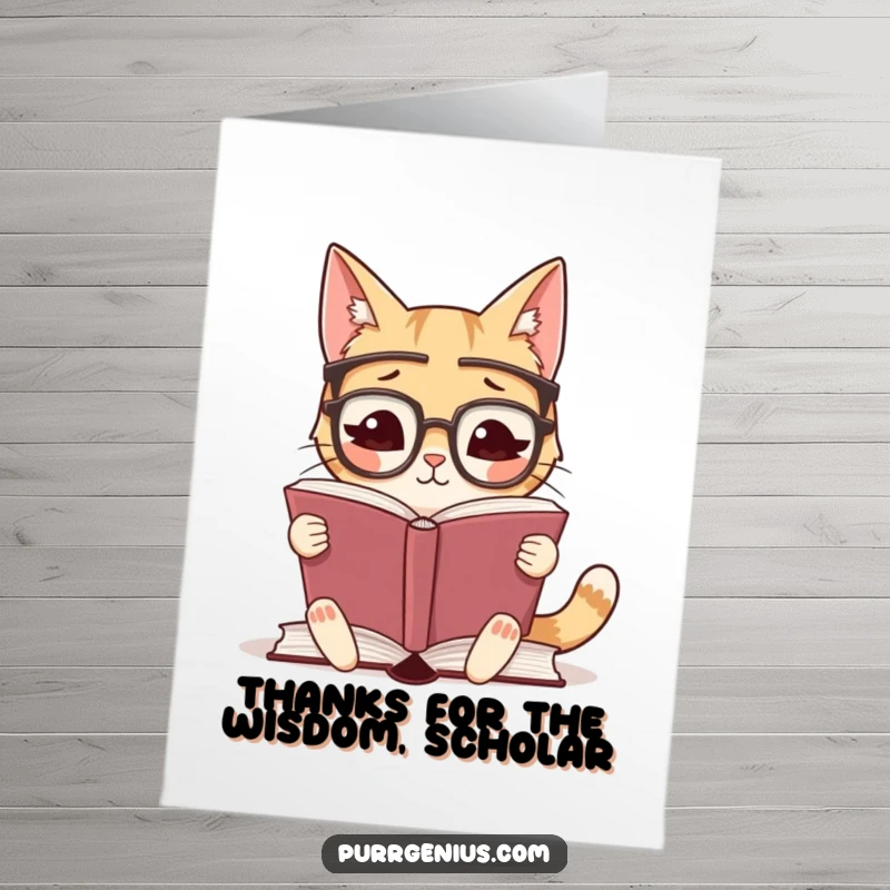 Funny Free Printable Thank You Card: A studious cat with glasses reads, expressing thanks with a humorous, intellectual vibe. Perfect gift.